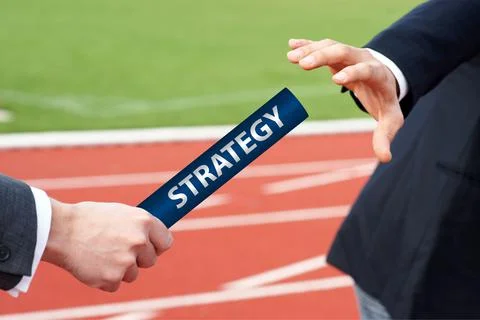 Businessmen pass strategy baton in rely race in stadium consulting concept Stock Photos