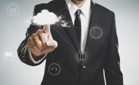 Businessmen press to the cloud server, the future network cloud services busi Stock Photos