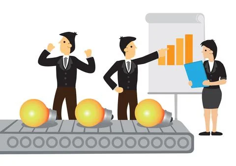 Businessmen production of ideas through analytics and data. Concept of innova Stock Illustration