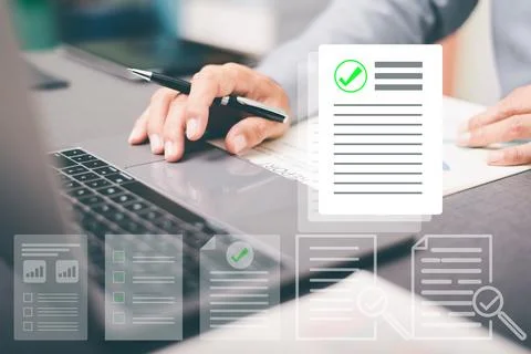 Businessmen review procedures through documents containing checkbox lists, .. Stock Photos