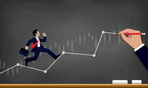 Businessmen run on chart Graph line to goal to achieve success drawing on bla 스톡 일러스트