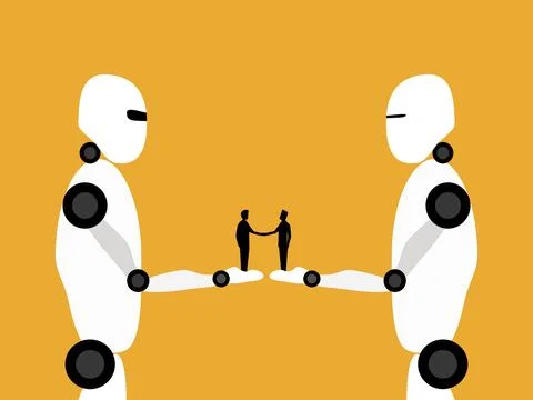 Businessmen shake hands and finalize deals AI robots Stock Illustration