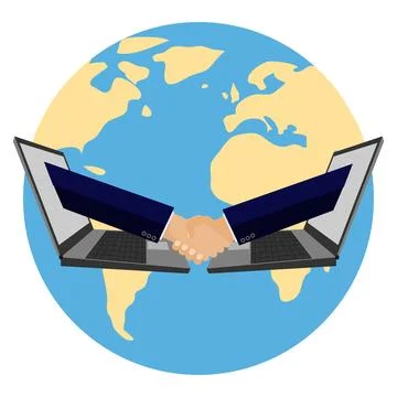 Businessmen shake hands from the computer. Handshake of businessmen. Illustrazione stock