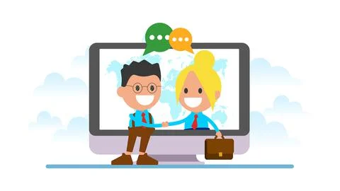 Businessmen shake hands through a computer.	 Stock Illustration