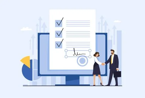 Businessmen shaking hands on the background of the computer according to the  Stock Illustration