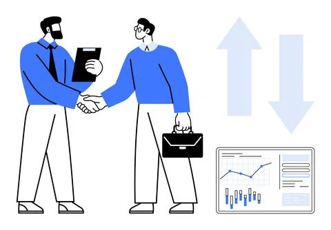 Businessmen Shaking Hands with Data Analytics Board and Up-and-Down Arrows Stock Illustration