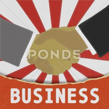 Businessmen shaking hands with stitch style on fabric background Stock Illustration