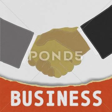 Businessmen shaking hands with stitch style on fabric background Stock Illustration