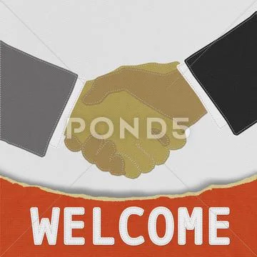 Businessmen shaking hands with stitch style on fabric background Stock Illustration