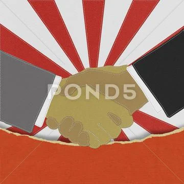 Businessmen shaking hands with stitch style on fabric background Stock Illustration