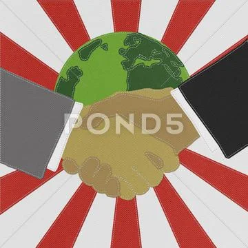 Businessmen shaking hands with stitch style on fabric background Stock Illustration