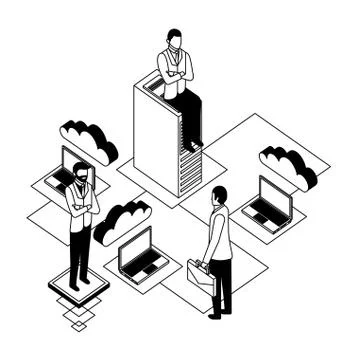 Businessmen with teamwork and icon server data isometric Stock Illustration