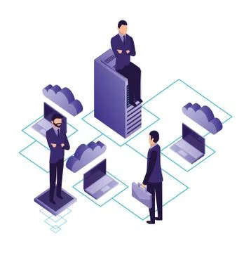 Businessmen with teamwork and icon server data isometric Stock Illustration