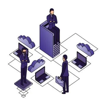 Businessmen with teamwork and icon server data isometric Stock Illustration
