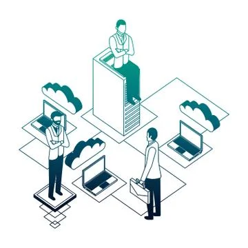 Businessmen with teamwork and icon server data isometric Stock Illustration