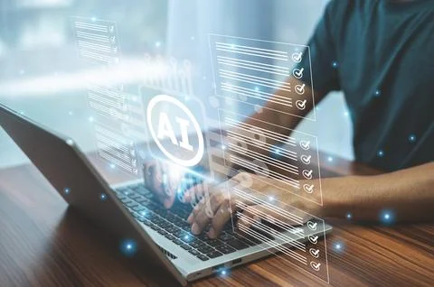 Businessmen use AI technology for document management, optimizing organizat.. 스톡 사진