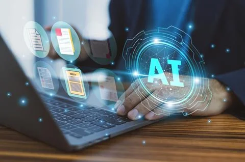 Businessmen use AI technology for document management, optimizing organizat.. 스톡 사진