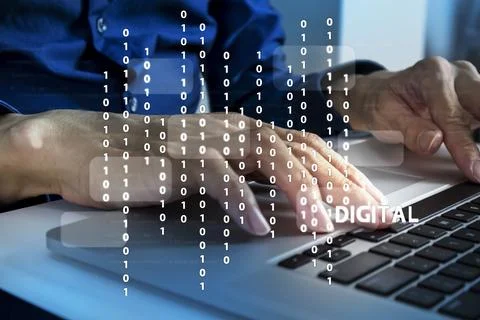 Businessmen use computer in the digital technology world, using online syst.. 库存照片