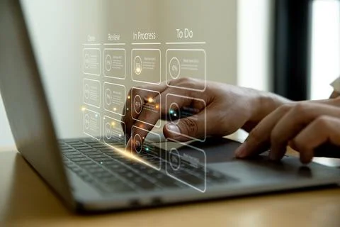 Businessmen using Kanban board framework methodology on computer. Foto stock