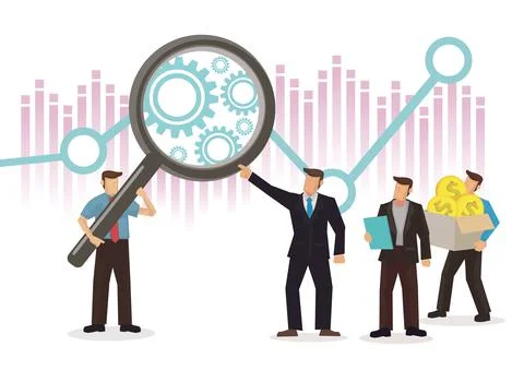 Businessmen using magnifying glass to study the the stock market. Stock Illustration