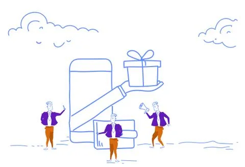 Businessmen using mobile application online shopping concept e-commerce gift box Illustrazione stock