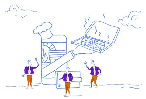 Businessmen using mobile application online fast food delivery concept cooking 스톡 일러스트