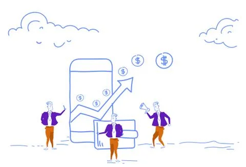 Businessmen using mobile payment application financial arrow up money growth Ilustración de archivo