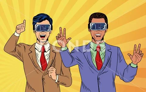 Businessmen virtual reality pop art cartoon Stock Illustration