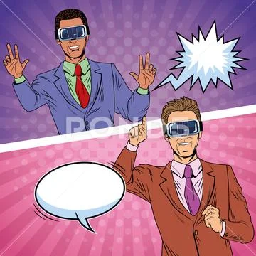 Businessmen virtual reality pop art cartoon Stock Illustration