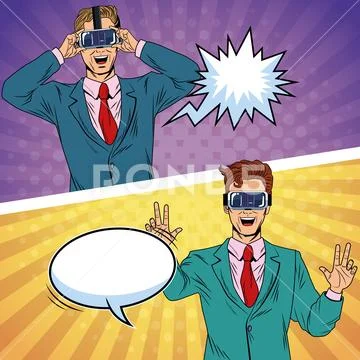 Businessmen virtual reality pop art cartoon Stock Illustration