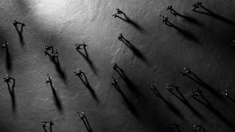 Businessmen walking on a dark surface with dramatic lighting Stock Illustration