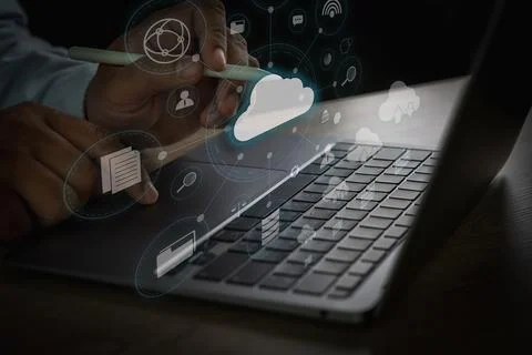 Businessmen work in cloud computing. Cloud service computing and global com.. Stock Photos