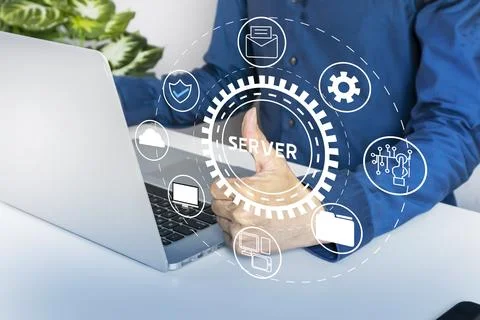 Businessmen work confidently through large server systems covering document.. Stock Photos