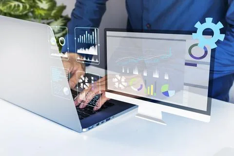 Businessmen work by controlling various systems through digital screens in .. Foto stock