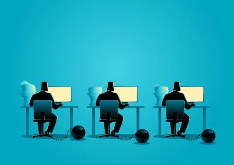 Businessmen working on computers chained into iron ball Stock Illustration