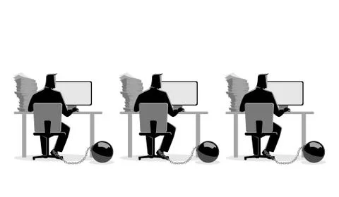 Businessmen working on computers chained into iron ball Stock Illustration