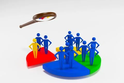 Businesspeople Analyzing Market Segment Using Magnifying Glass. 3d rendering Stock Illustration