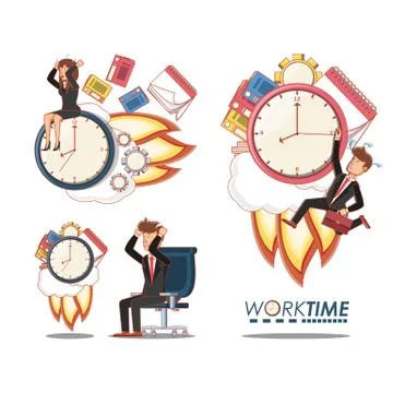 Businesspeople avatars with work time elements Stock Illustration