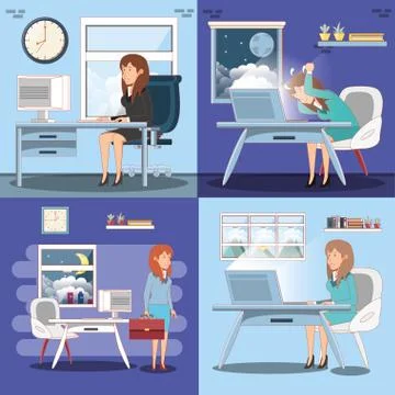 Businesspeople avatars with work time elements Stock Illustration