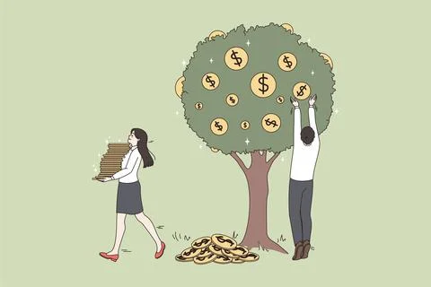 Businesspeople collect money coins from tree get dividend Stock Illustration