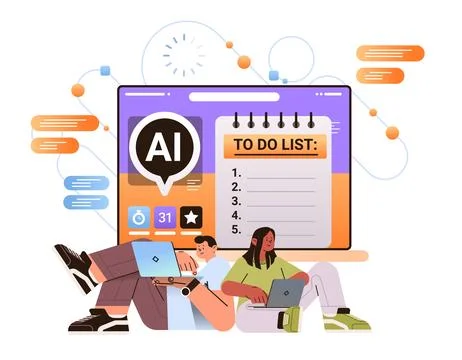Businesspeople completing to-do list in computer app with ai multitasking helper Stock Illustration