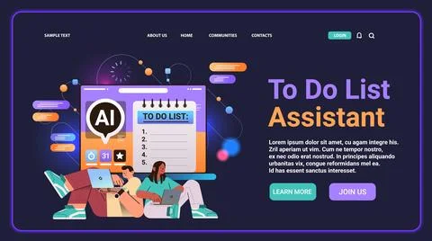 Businesspeople completing to-do list in computer app with ai multitasking helper Stock Illustration