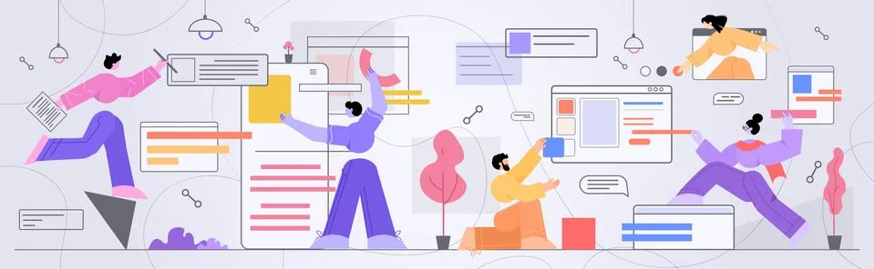 Businesspeople developers creating computer and mobile apps user interface Stockillustratie