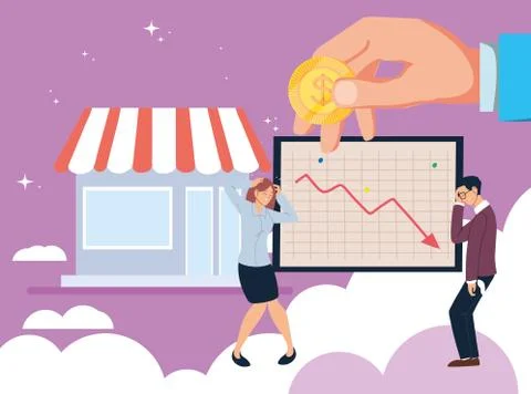 Businesspeople with headache coin decrease arrow on board and store vector 库存插图