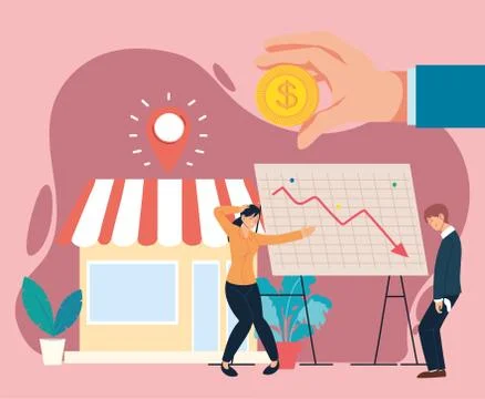 Businesspeople with headache coin decrease arrow on board and store vector Stock Illustration