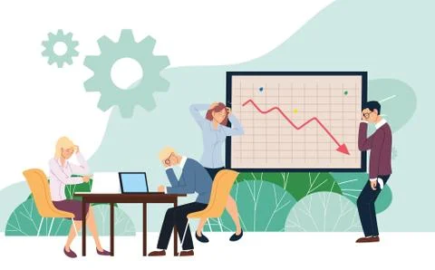 Businesspeople with headache decrease arrow on board and desk vector design Stock Illustration