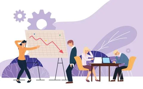 Businesspeople with headache decrease arrow on board and desk vector design Stock Illustration