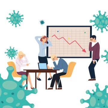 Businesspeople with headache decrease arrow on board and desk vector design Illustrazione stock