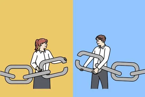 Businesspeople hold chain with missing link find solution together. Man and Stock Illustration