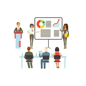 Businesspeople making presentation and explaining chart on a whiteboard Stock Illustration